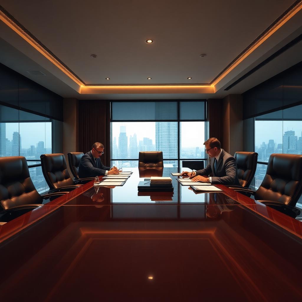 Sala de juntas corporativa con documentos de constitución de sociedad