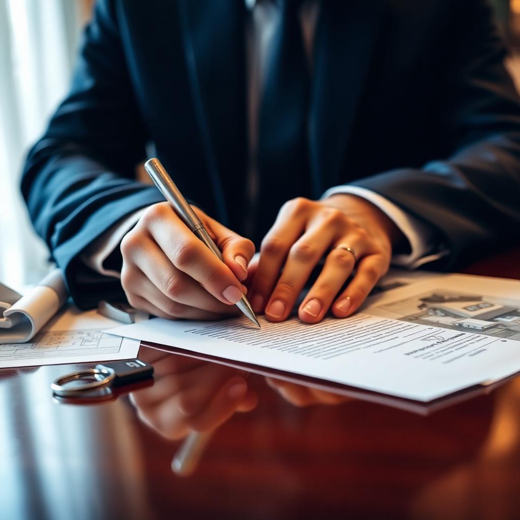 Firma de contrato inmobiliario en despacho notarial